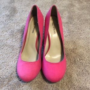 Pink fabric block heels